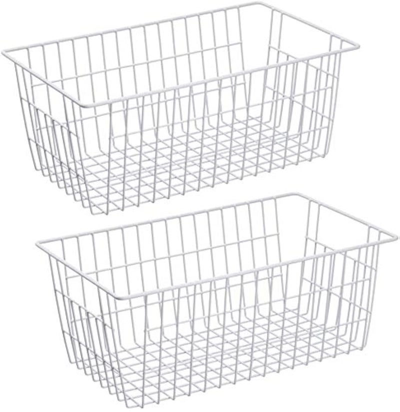 Slideep Freezer Baskets Farmhouse Organizer Storage Basket with Handles, Food Storage Bin for Kitchen Cabinets, Pantry, Closet, Bedroom, Bathroom, Office, 2 Pack, White - Image 1